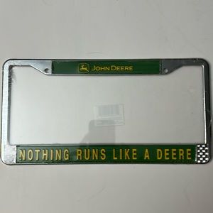 John Deere chrome car tag frame,green & yellow logo & “Nothing Runs Like A Deere